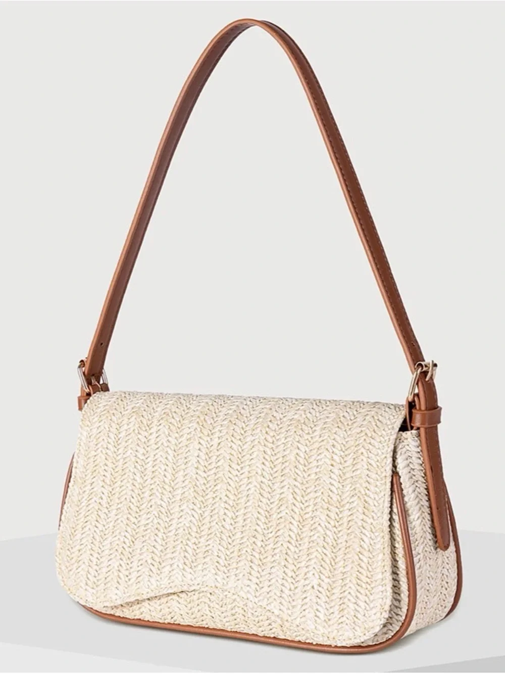 Commense Cream Woven Shoulder Bag with Brown Trim and Strap